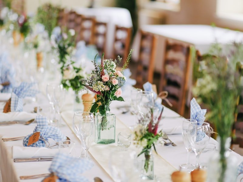 Beautiful wedding reception table with Mediterranean catering